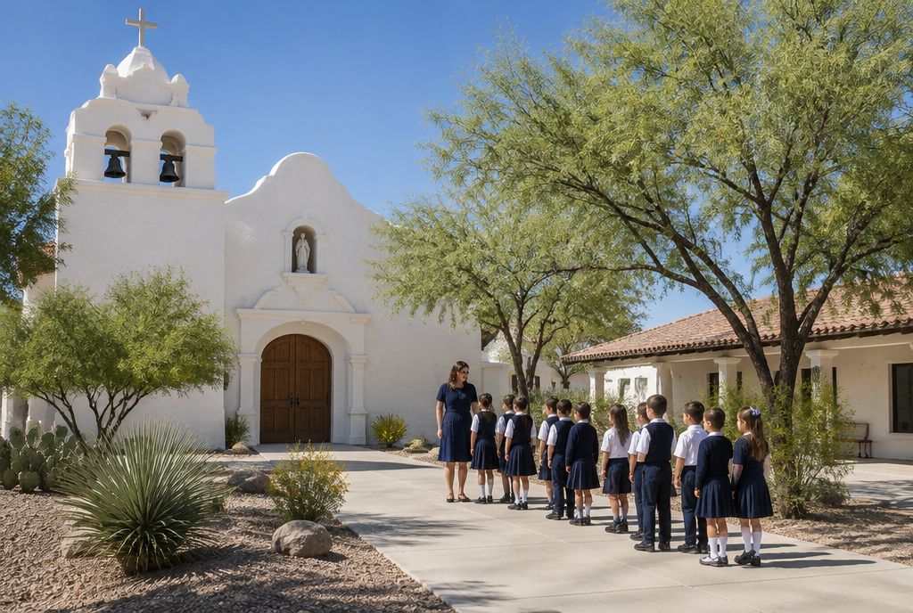 Whitewashed mission-style church and Catholic school courtyard with students in navy-and-white uniforms